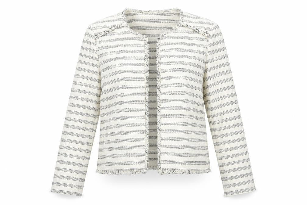 Front view of Matalan women’s white striped jacket coatigan, size UK 12