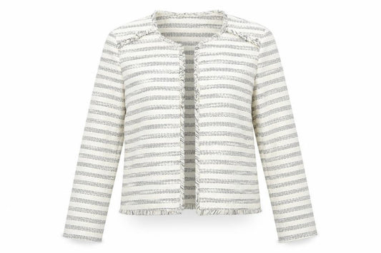 Front view of Matalan women’s white striped jacket coatigan, size UK 12
