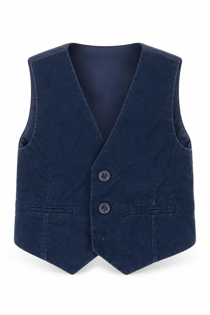 Front view of Marylebone boys’ blue jacket waistcoat, size 18, months