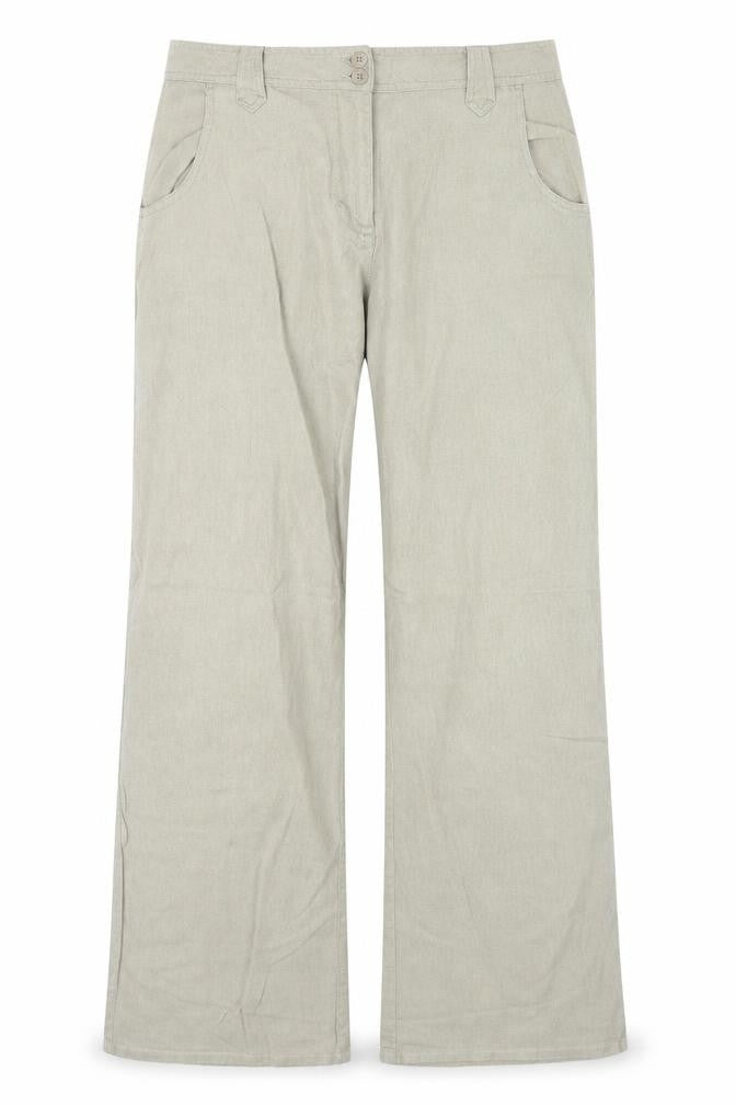Front view of EA women’s beige trousers, size UK 14, 32-inch leg