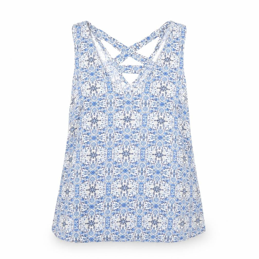 Front view of New Look women’s blue fair isle basic tank, size UK 10