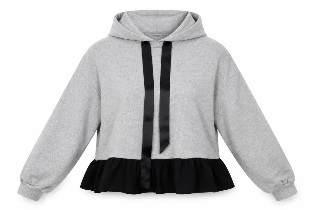 Front view of SHEIN women’s grey pullover hoodie, size UK 6
