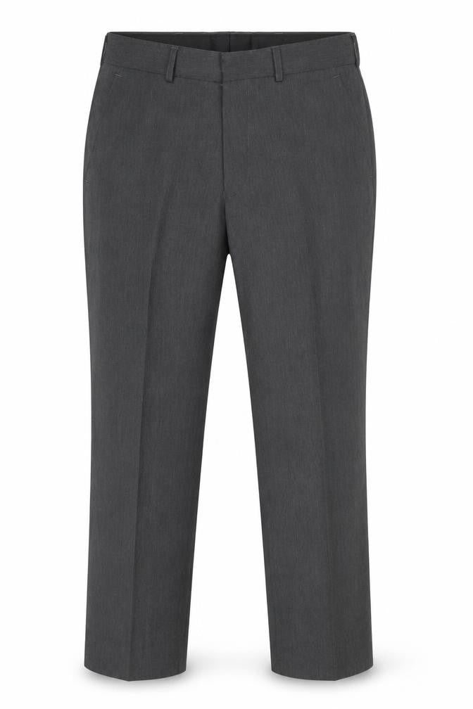 Front view of Woolworths men’s grey trousers, size 32, in, 29-inch leg