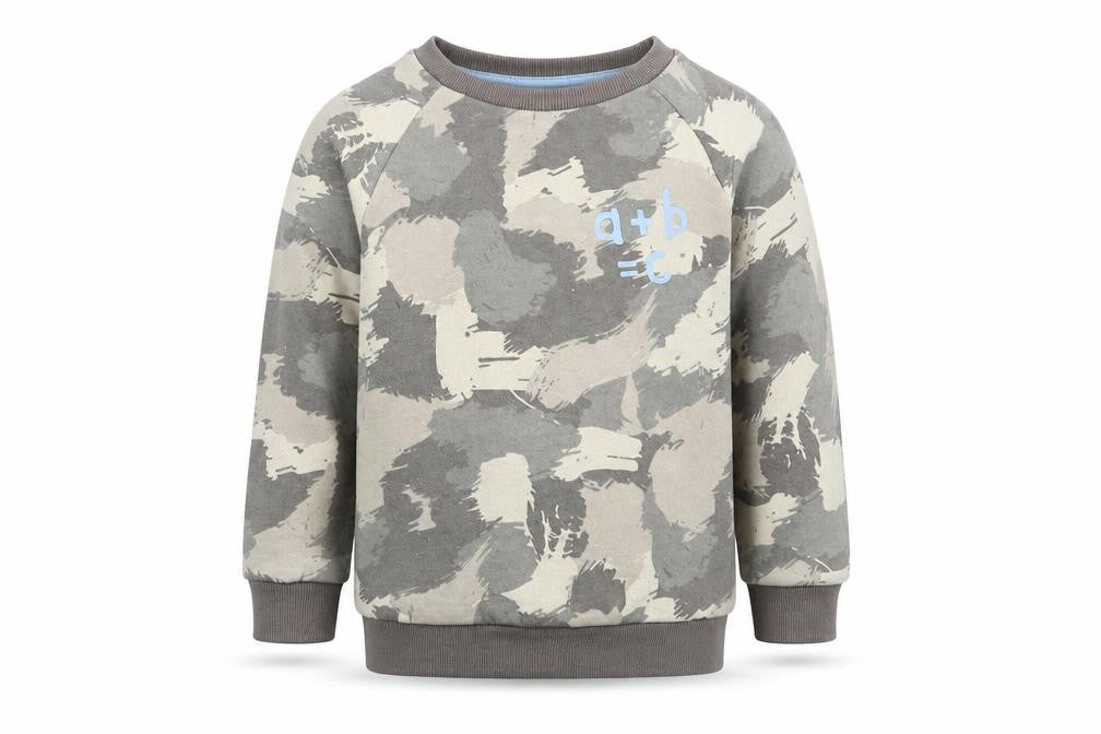 Front view of Primark boys’ green camouflage pullover sweatshirt, size 2-3, years - a + b = c