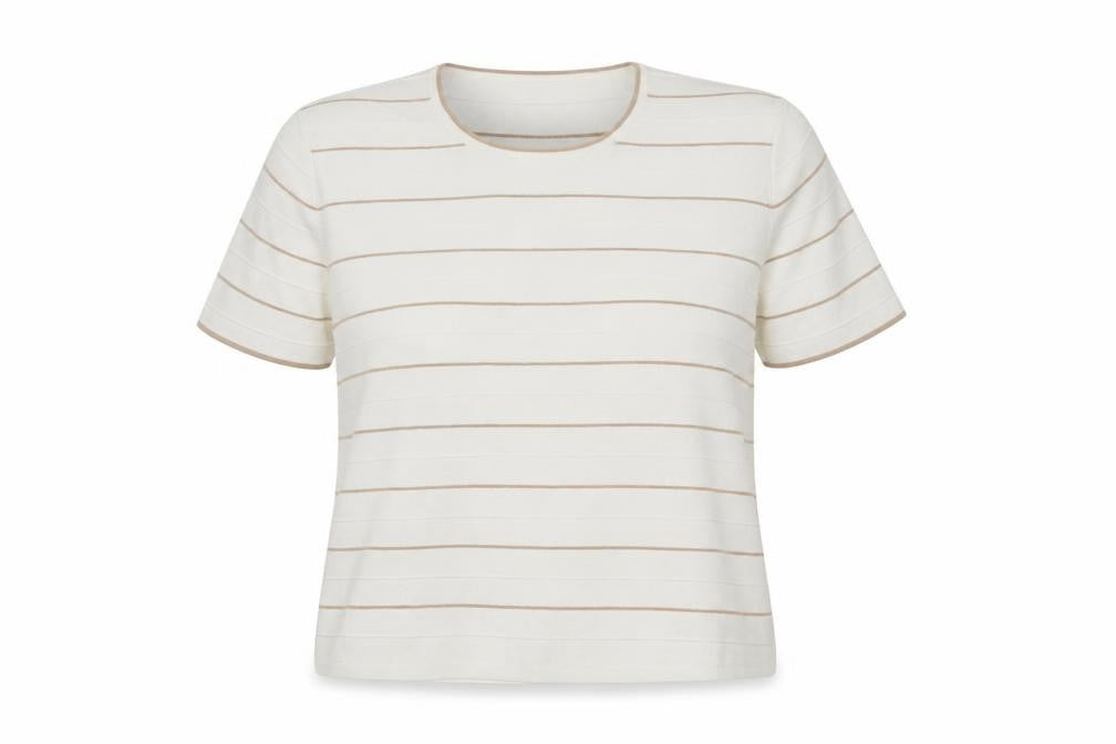 Front view of Preworn women’s white striped jumper, size UK 18