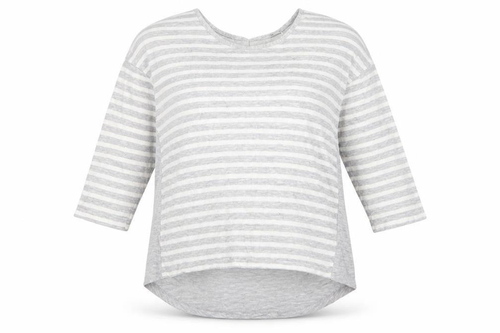 Front view of Tu women’s grey striped jumper, size UK 14