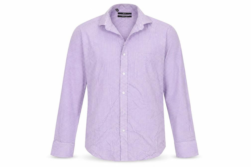 Front view of Next men’s purple check button-up, size 15.5