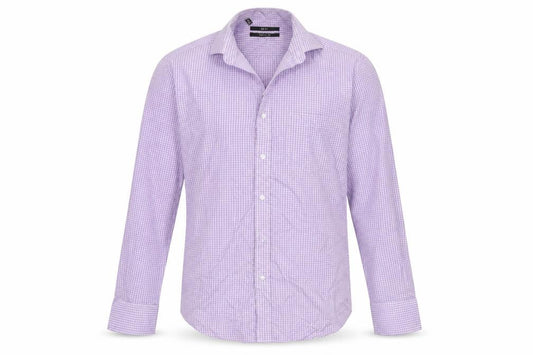 Front view of Next men’s purple check button-up, size 15.5