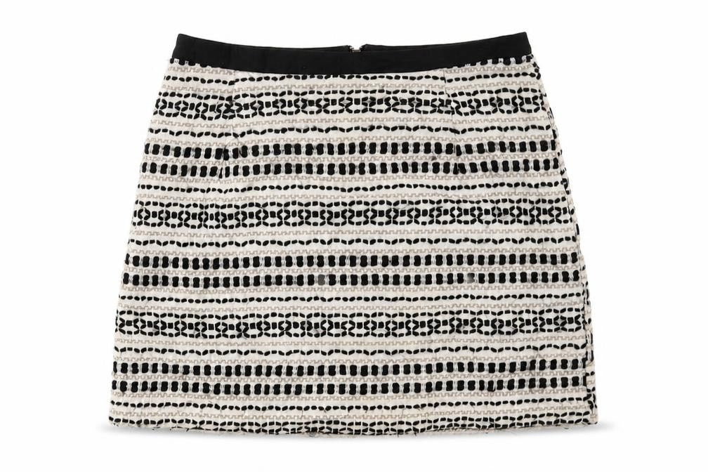 Front view of New Look women’s multicoloured geometric mini skirt, size UK 8