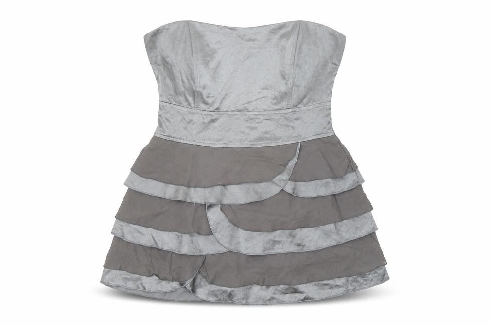 Front view of Preworn women’s grey satin basic blouse, size UK 12