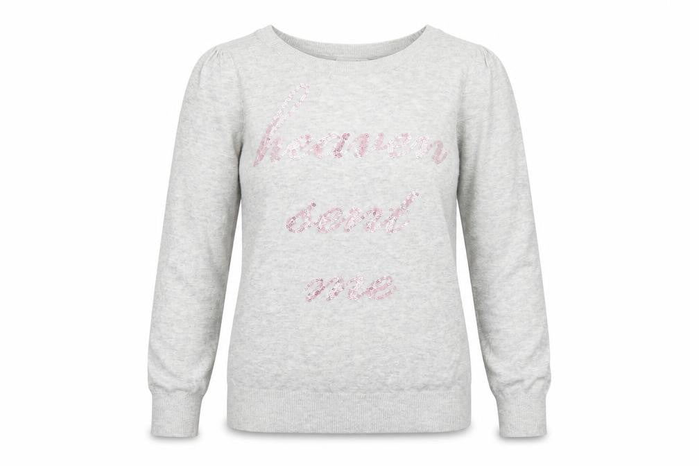 Front view of New Look women’s grey knit pullover sweatshirt, size UK 12, - sequin
