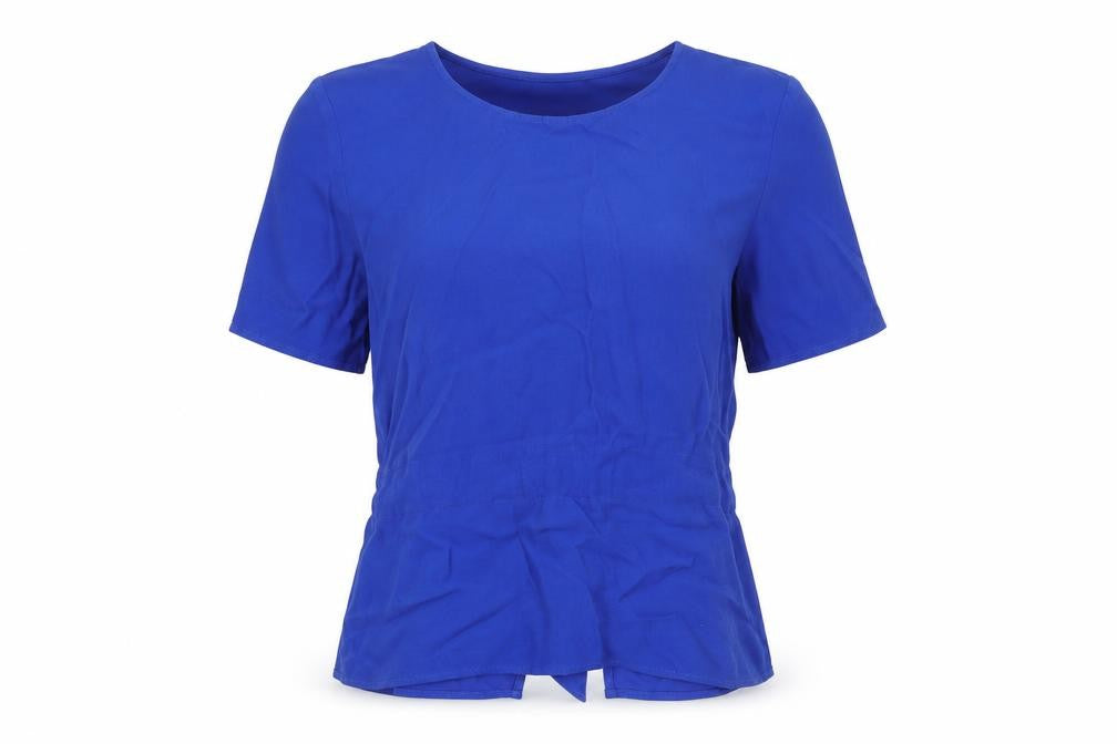 Front view of Selected Femme women’s blue basic blouse, size UK 6