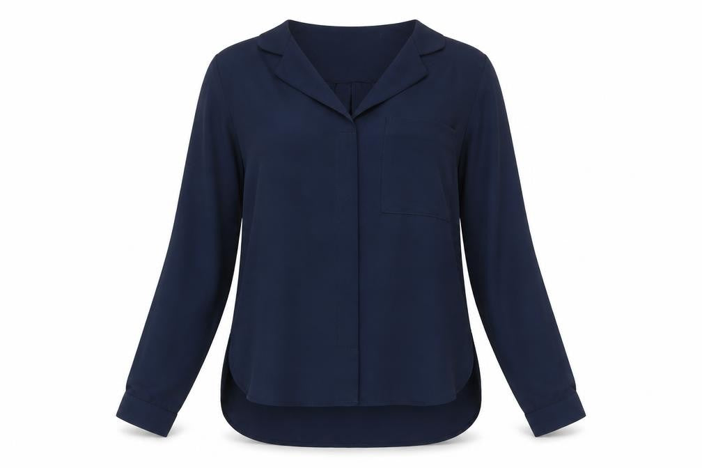 Front view of Selected Femme women’s blue basic button-up, size UK 6
