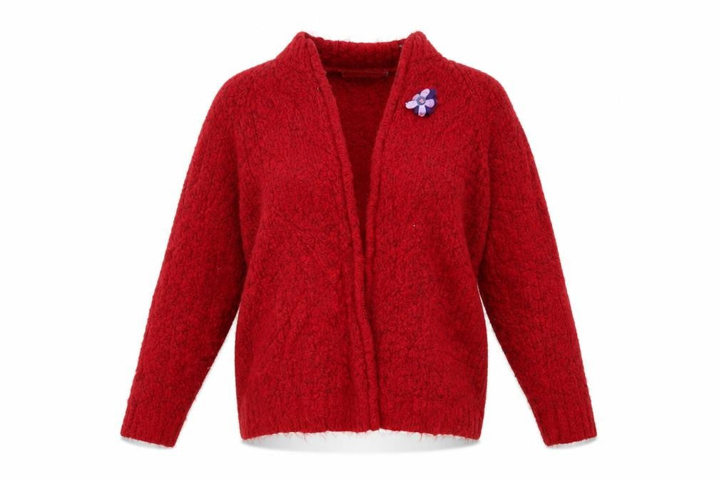Front view of EWM women’s red cardigan jumper, size M