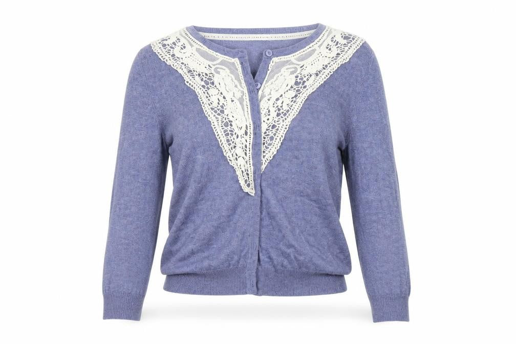 Front view of Primark women’s blue cardigan jumper, size UK 12