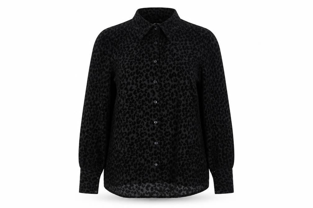 Front view of Tu women’s black animal print basic button-up, size UK 10