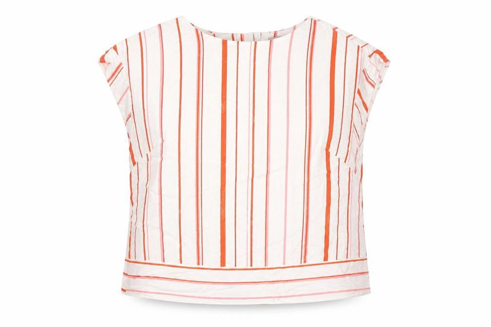 Front view of Nutmeg women’s white striped basic blouse, size UK 14