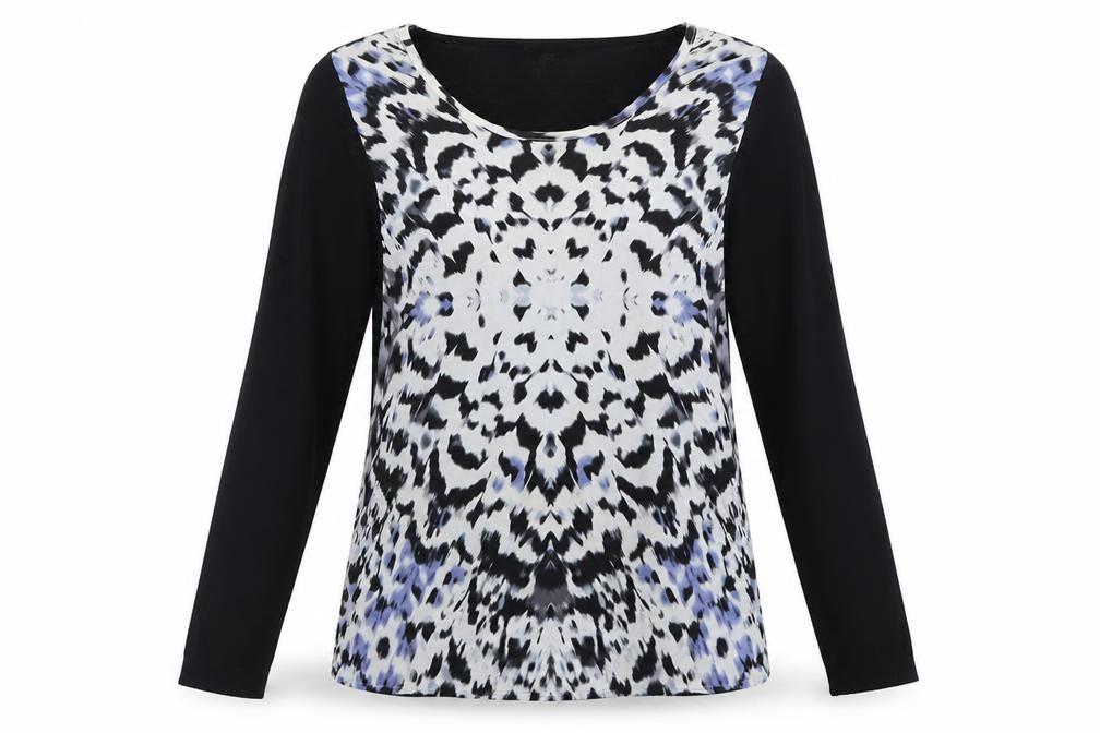 Front view of Warehouse women’s black animal print basic t-shirt, size UK 10, - blue