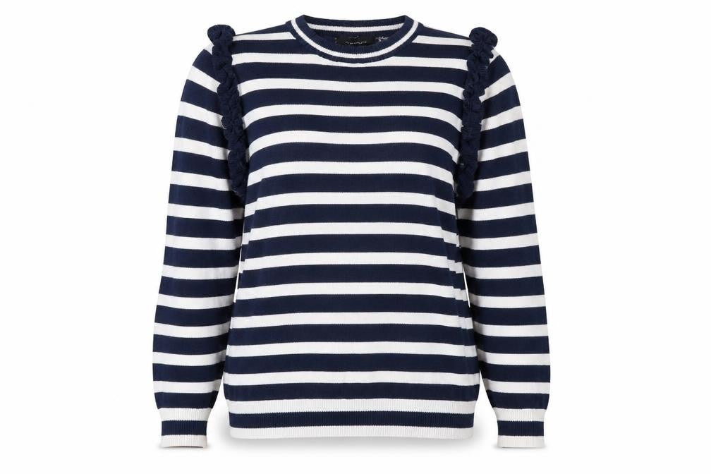 Front view of Atmomsphere women’s blue striped knit jumper, size UK 12