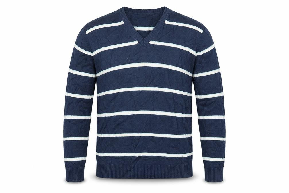 Front view of Marks & Spencer men’s blue striped knit jumper, size L