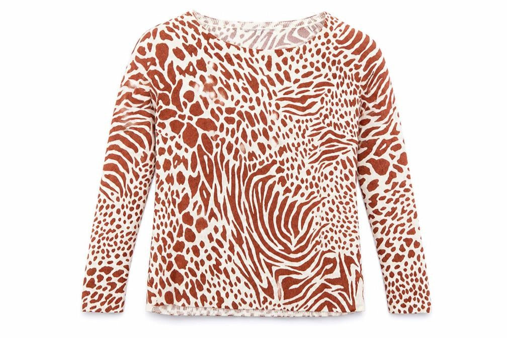 Front view of Next women’s brown animal print knit jumper, size UK 12