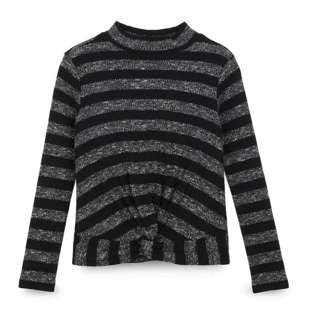 Front view of M&Co girls’ black striped basic t-shirt, size 10, years