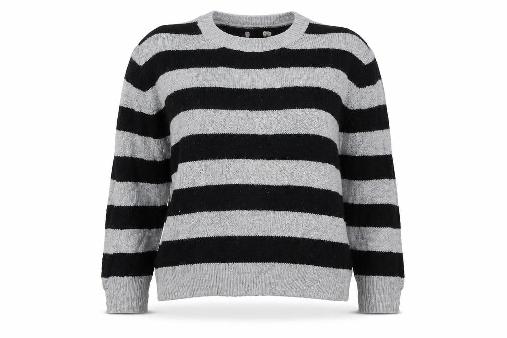 Front view of Preworn women’s grey striped knit jumper, size S