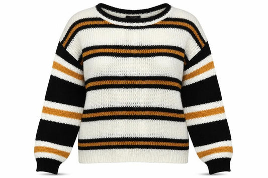 Front view of Primark women’s yellow striped knit jumper, size UK 12