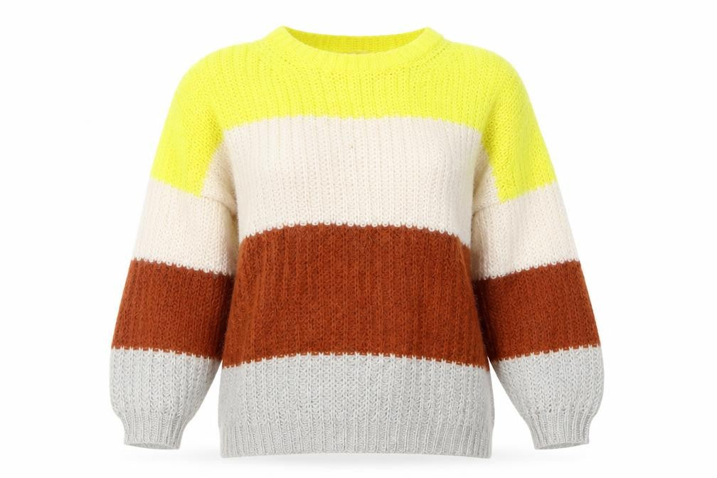 Front view of Tu women’s yellow striped knit jumper, size UK 12, - beige