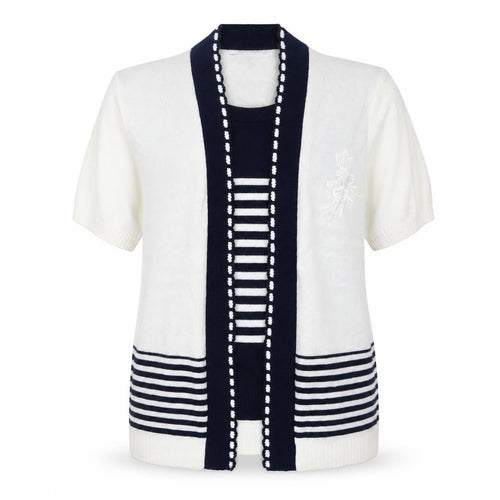 Hand to hand Womens White Striped Knit Cardigan Jumper Size S  - Blue Cardigan and Jumper all in one