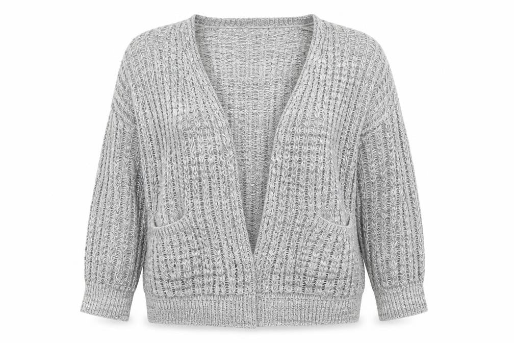 Front view of Glimpse Design women’s grey knit cardigan jumper, size M