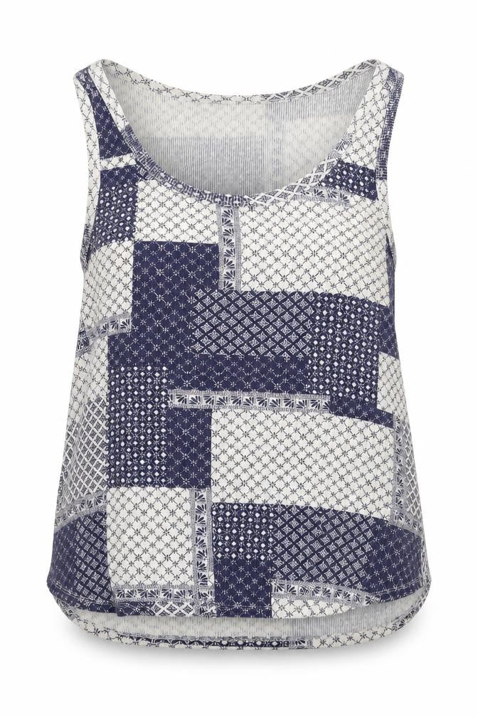 Front view of Dorothy Perkins women’s blue geometric basic blouse, size UK 14