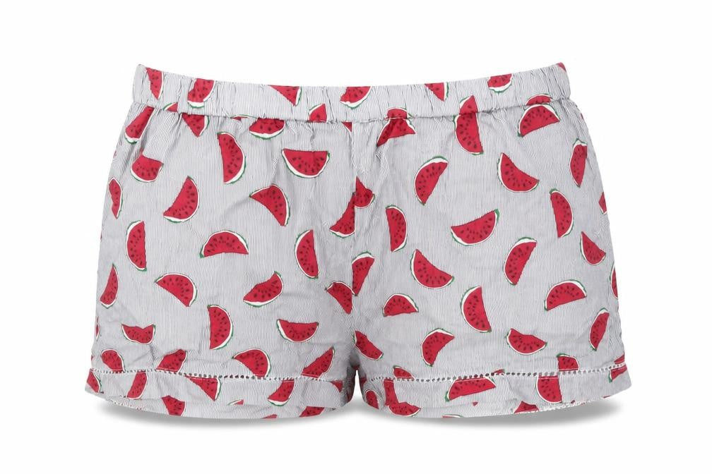 Front view of Preworn women’s red geometric hot pants shorts, size M