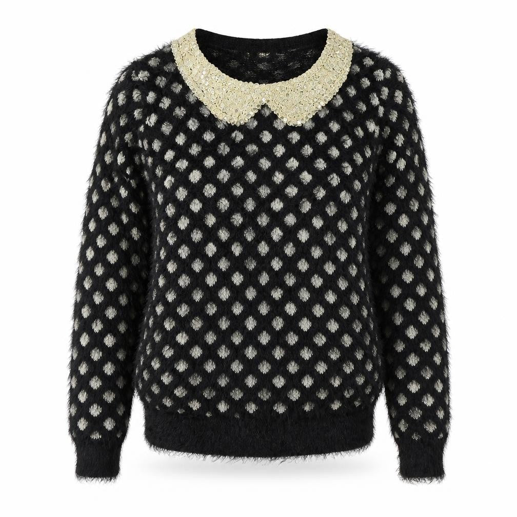 Front view of Katsuit women’s black geometric knit jumper, size M