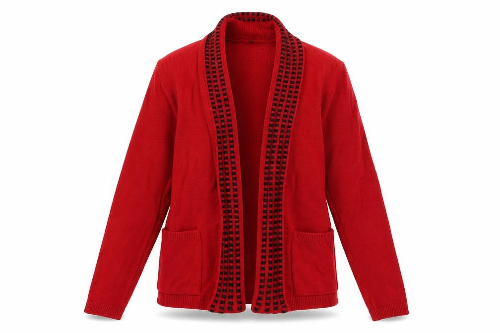 Front view of Insight women’s red knit cardigan jumper, size M