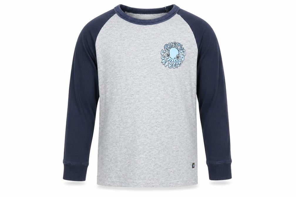 Front view of Rusty boys’ grey colourblock basic t-shirt, size 6, years