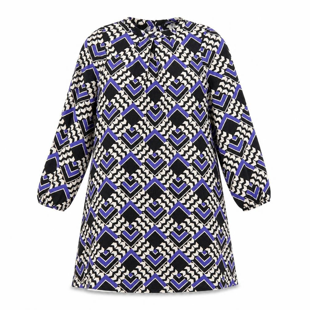 Front view of Dorothy Perkins women’s blue chevron a-line, size UK 10