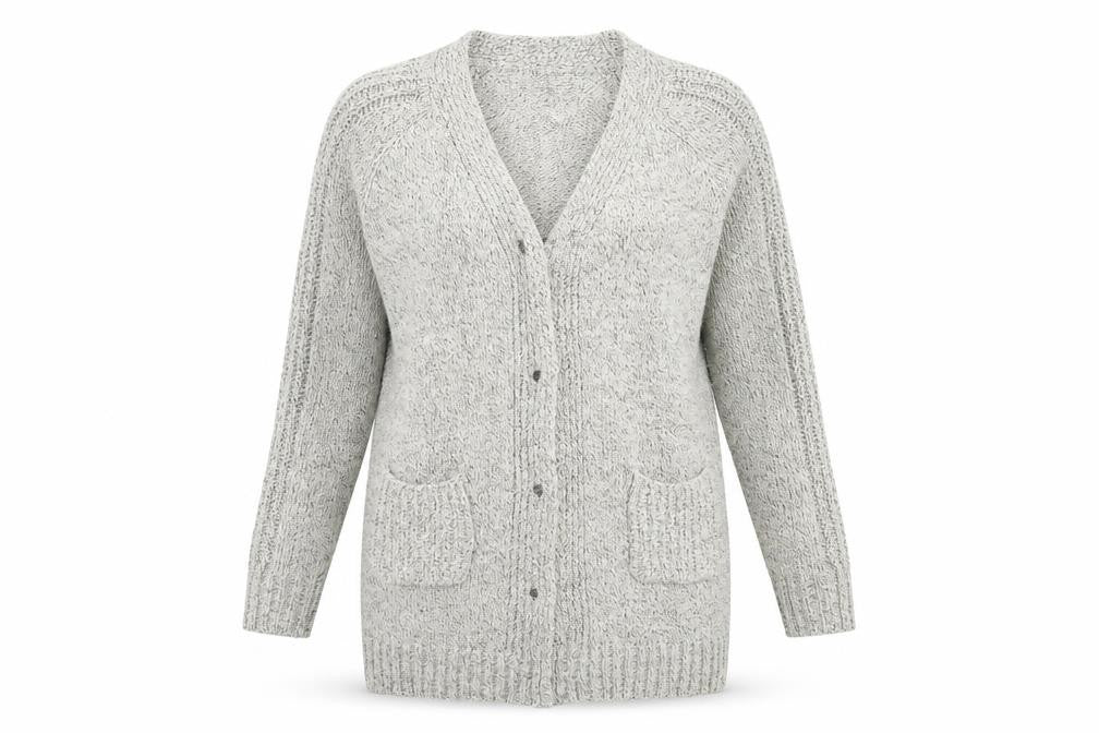 Front view of Silver Swan women’s beige knit cardigan jumper, size M