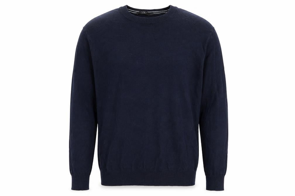 Front view of very man men’s blue jumper, size L