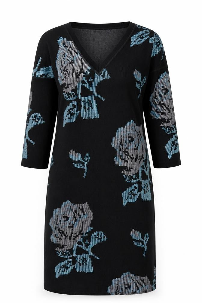 Front view of women’s black geometric fit & flare, size UK 10