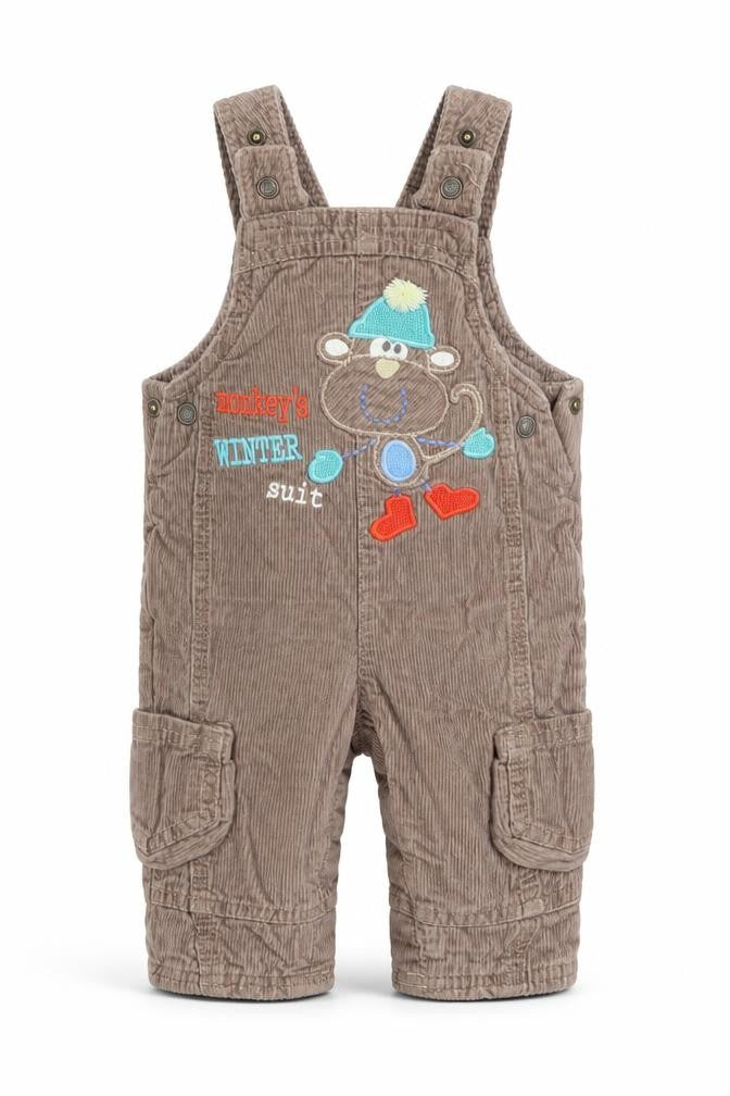 Front view of Marks & Spencer boys’ brown dungaree one-piece, size 3-6, months