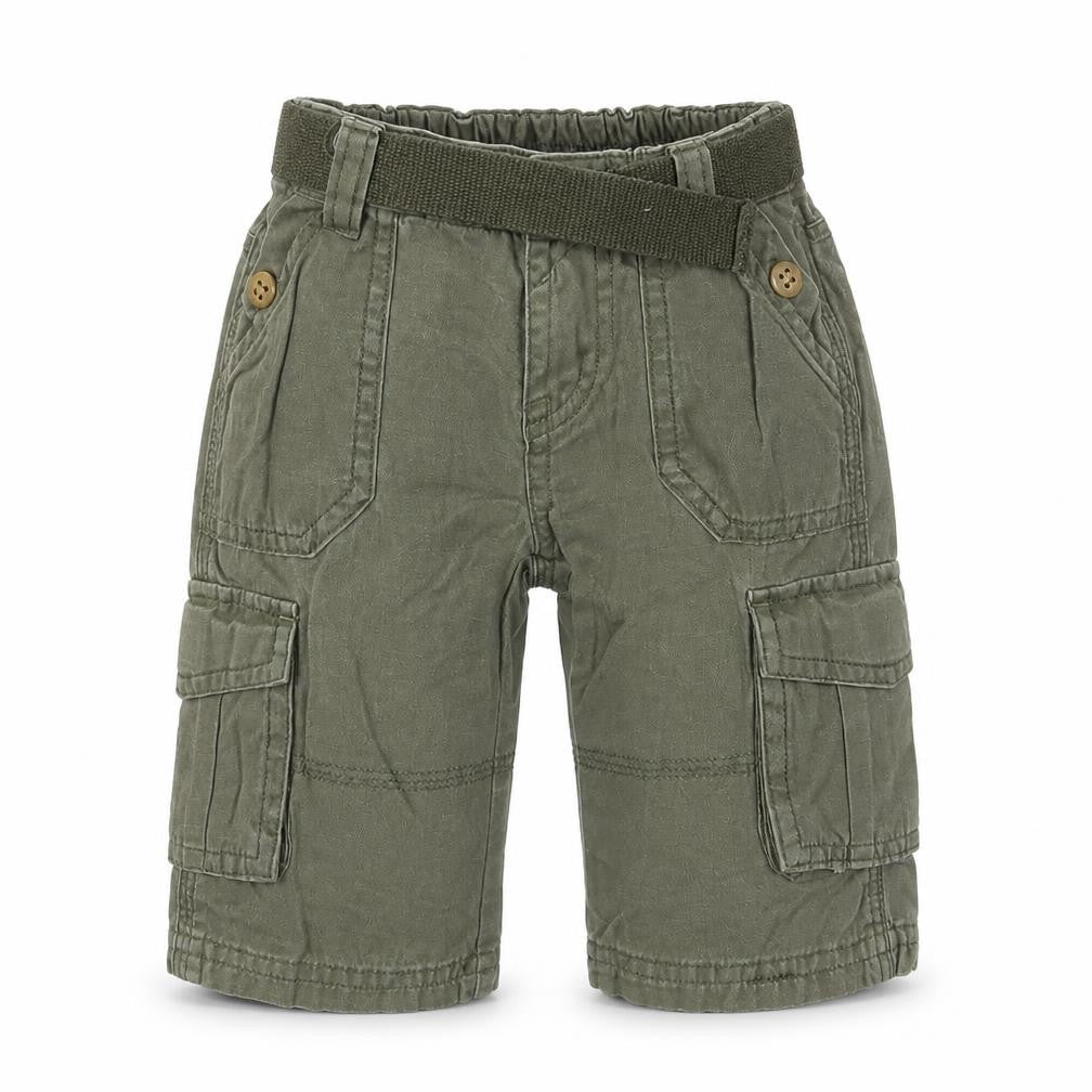 Front view of M boys’ green cargo trousers, size 3-6, months