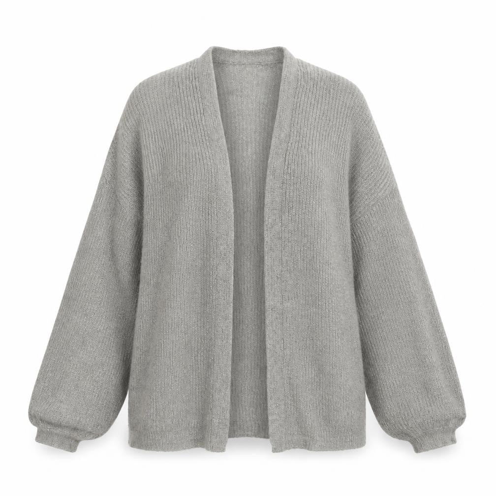 Front view of New Look women’s grey knit cardigan jumper, size S