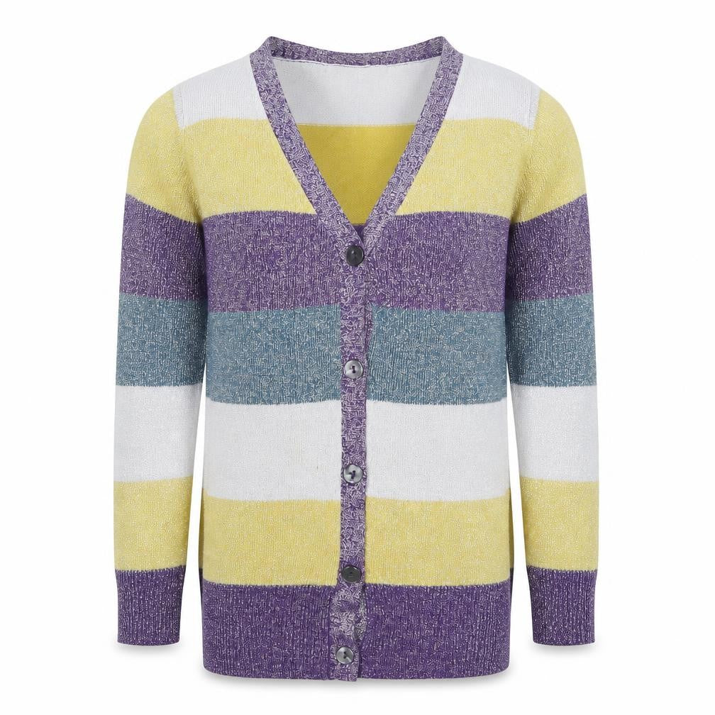 Front view of John Lewis girls’ multicoloured striped knit jumper, size 8, years