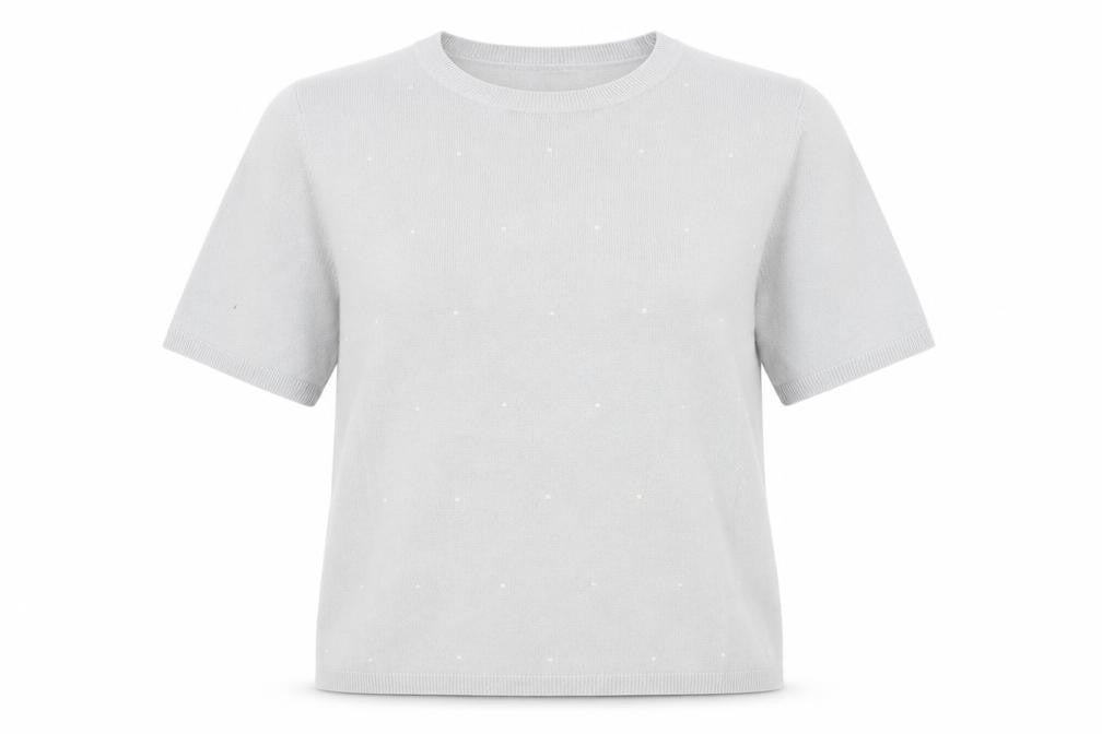 Front view of Marks & Spencer women’s grey knit jumper, size UK 14, - pearl detail