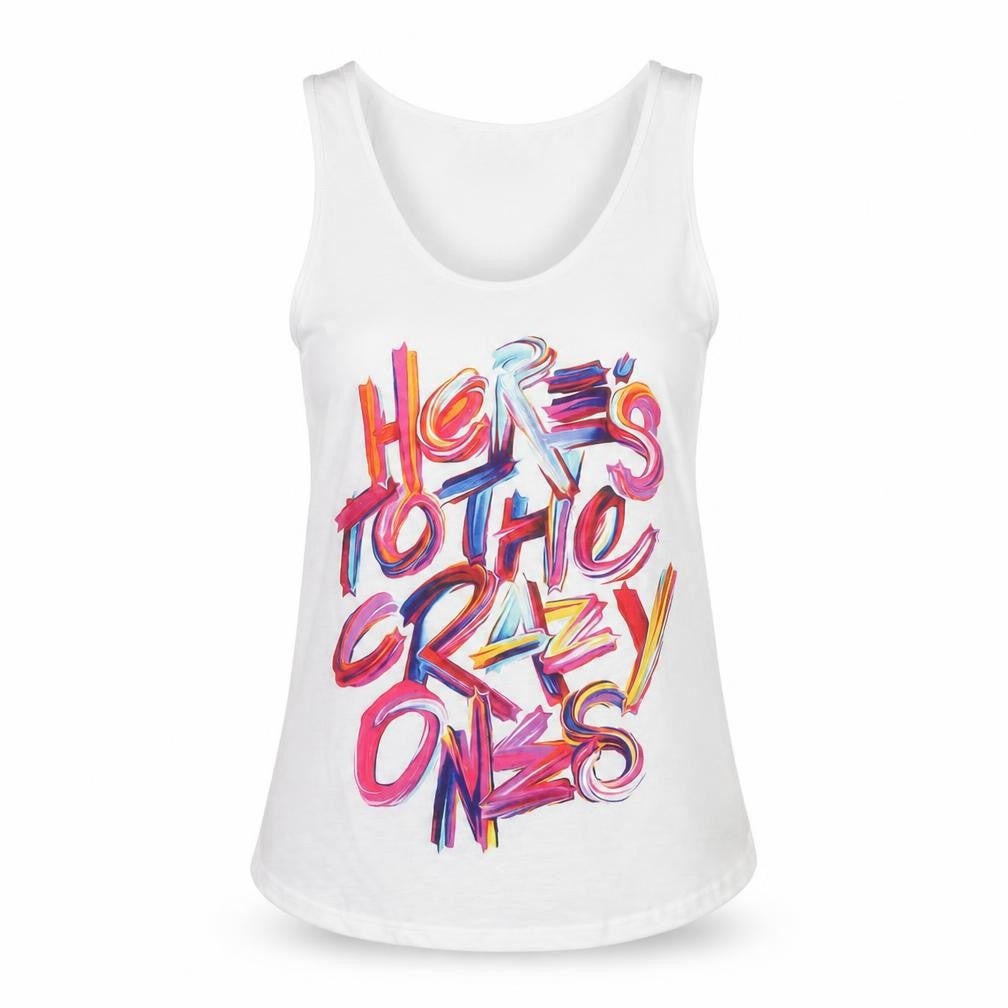 Front view of lupus women’s white basic tank, size M, - here's to the crazy ones