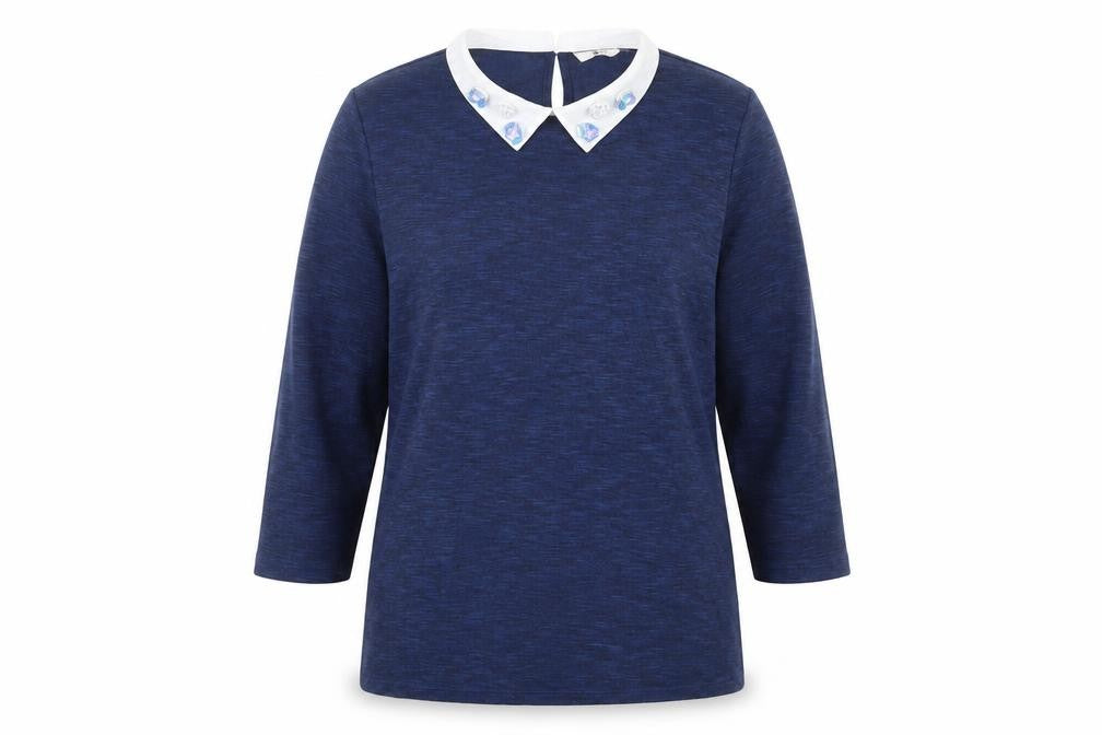 Front view of Tu women’s blue knit jumper, size UK 8, - floral beading detail