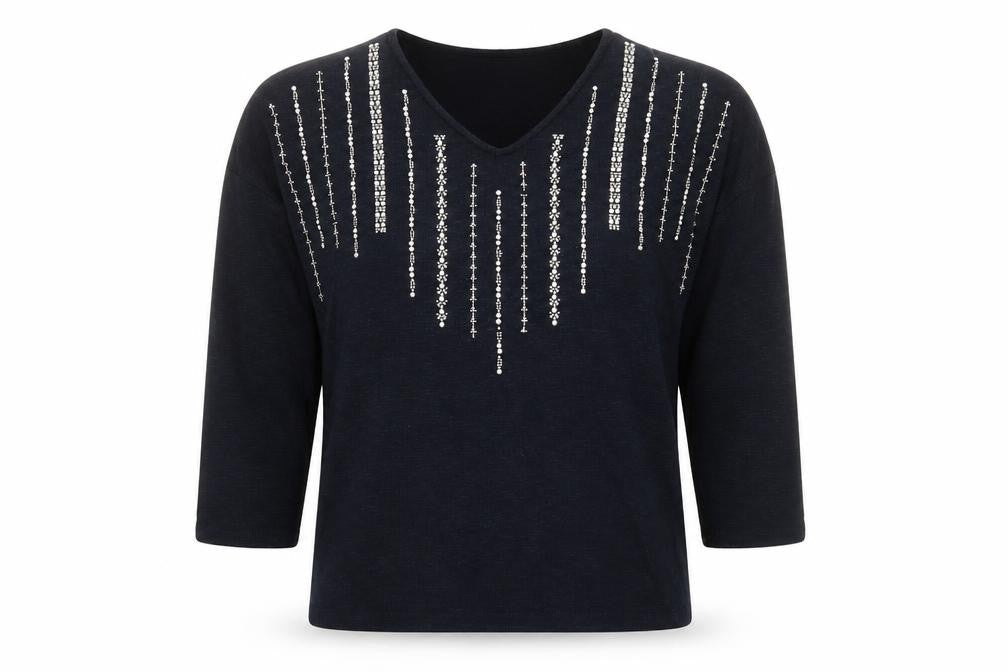 Front view of Tu women’s blue knit jumper, size UK 8, - beaded detail