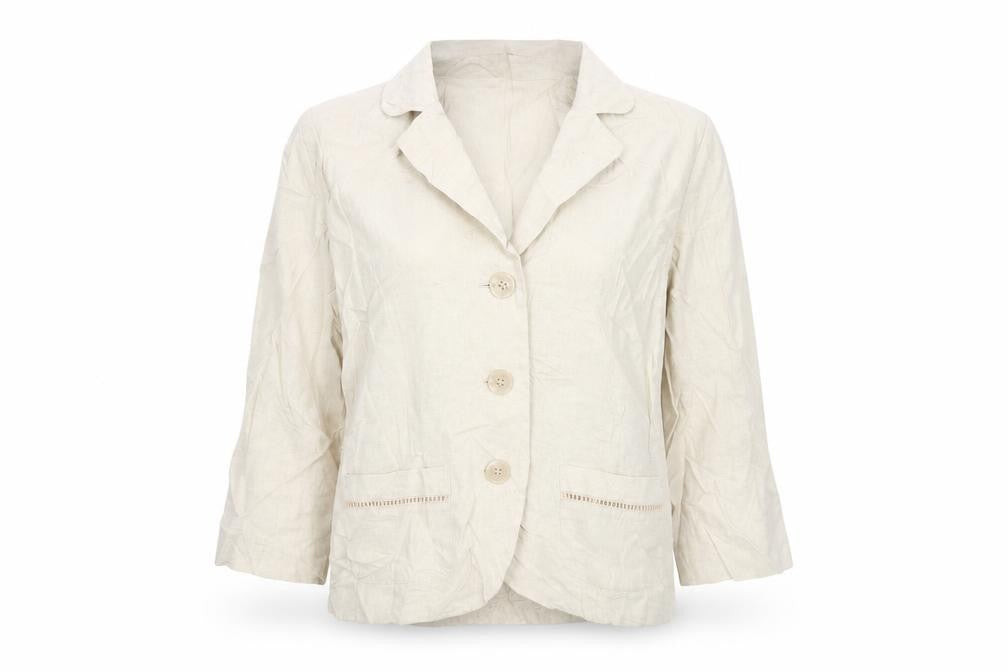 Front view of Isle Essentials women’s beige basic button-up, size UK 10