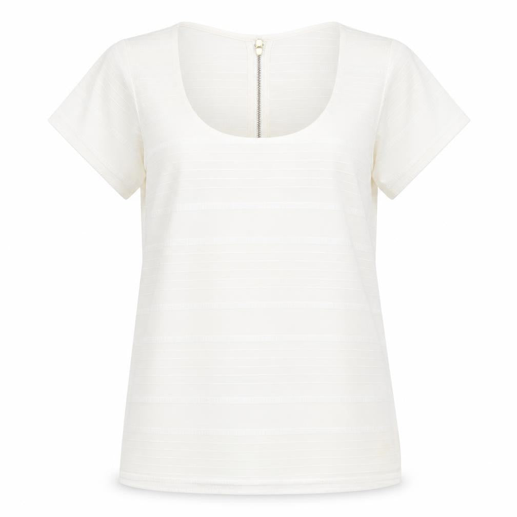 Front view of Oasis women’s white striped basic t-shirt, size UK 12